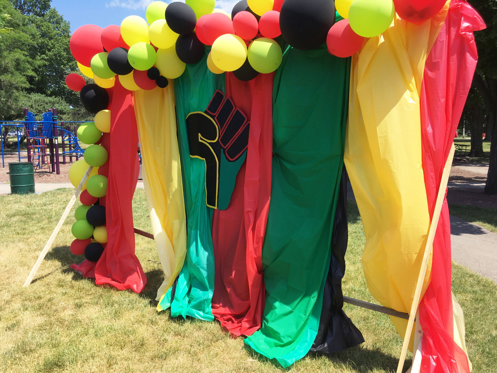 Colorful balloon display at Juneteenth event in Burlington